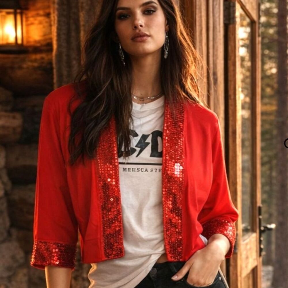 Ronni Nicole Cropped Shortsleeve Sequin Cardigan Petite 1X